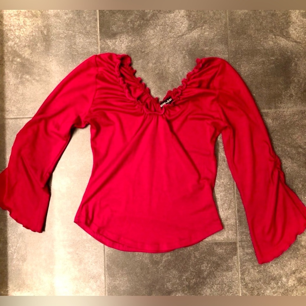 GUESS JEANS Long-Sleeve Double V-Neck Top, Vibrant Red, Small, EUC, (PM7)